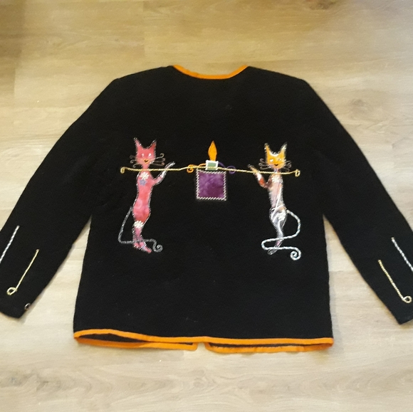 Vintage DK Daniel K Black + Orange Cat Creations Black Embellished Cardigan - Picture 3 of 14